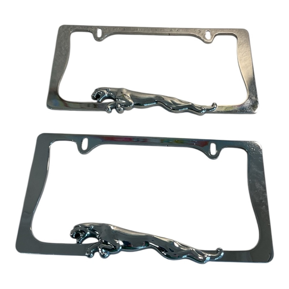 Chrome Jaguar Emblem License Plate Frame - Silver